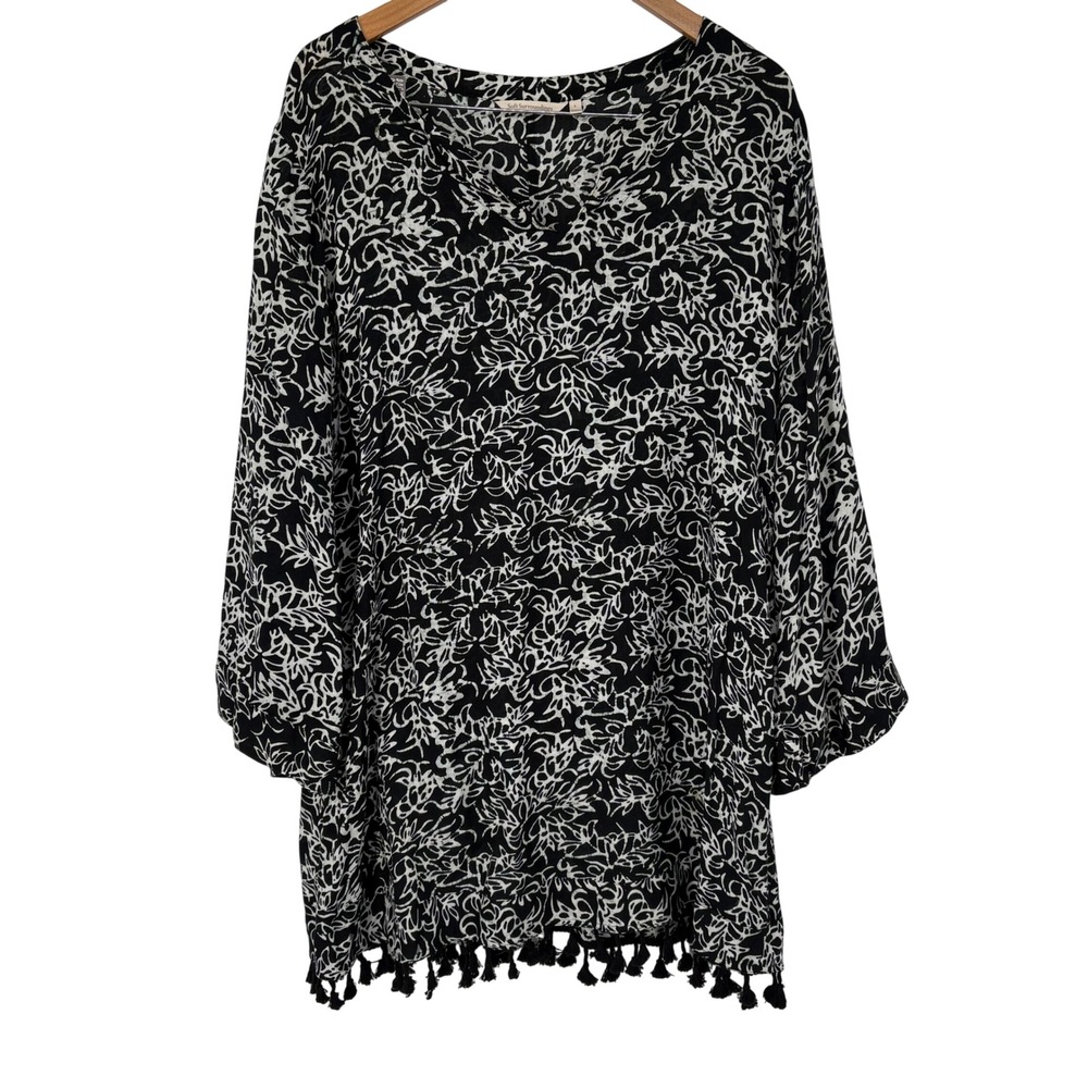 Soft Surroundings Womens Batik Tassel Tunic Mini Dress L Black White Beachy